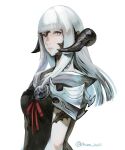  1girl au_ra bangs black_horns blunt_bangs dragon_horns final_fantasy final_fantasy_xiv horns long_hair muraicchi_(momocchi) pale_skin profile scales silver_eyes solo upper_body white_background white_hair 