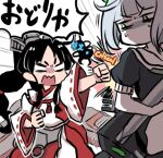  2girls abyssal_bamboo_princess bangs black_hair blunt_bangs clenched_hands critical_hit green_eyes headgear high_ponytail holding holding_torpedo japanese_clothes kantai_collection long_hair long_sleeves lowres multi-tied_hair multiple_girls nisshin_(kancolle) no_mouth open_mouth punching ribbon-trimmed_sleeves ribbon_trim sailor_collar short_hair short_sleeves speech_bubble sweat terrajin torpedo translation_request white_hair wide_sleeves 