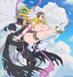  2girls afrobull angel angel_wings angewomon ankle_boots asymmetrical_clothes black_bodysuit black_wings blonde_hair blue_skin blue_sky bodysuit boots bouncing_breasts breasts colored_skin covered_eyes cum cum_in_pussy digimon digimon_(creature) digimon_adventure erection evil_grin evil_smile flying futa_with_female futanari grin hagoromo helmet high_heel_boots high_heels highres ladydevimon large_breasts large_penis legs long_hair multiple_girls multiple_wings nipples open_mouth overflow penis rape rough_sex shawl silver_hair single_pantsleg sky smile testicles thigh_strap white_wings wing_grab winged_helmet wings 