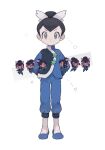  1boy absurdres arms_behind_back black_hair blue_footwear blue_jacket chibi chibi_inset closed_mouth flats grey_eyes hair_bun hair_ribbon highres jacket long_sleeves looking_at_viewer male_focus mimura_(nnnnnnnnmoo) pants pokemon pokemon_(game) pokemon_oras ribbon short_hair standing star_(symbol) tate_(pokemon) turtleneck_jacket v-shaped_eyebrows white_background white_pants white_ribbon 