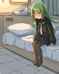  1girl bangs bed black_legwear black_sailor_collar black_serafuku black_skirt blush closed_mouth crescent crescent_hair_ornament curtains green_eyes green_hair hair_ornament highres indoors kantai_collection long_hair long_sleeves lotion_bottle nagatsuki_(kancolle) on_bed pantyhose pillow po0000000000 sailor_collar school_uniform serafuku sidelocks sitting skirt solo sweat tissue_box white_neckwear 