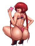  1girl absurdres ass bare_shoulders bikini cellphone hair_over_eyes high_heels highres kevbot lips long_hair looking_back phone red_hair shermie_(kof) simple_background smartphone solo sweat swimsuit the_king_of_fighters thighs tiptoes very_long_hair white_background 