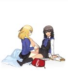  2girls andou_(girls_und_panzer) arm_support bangs bc_freedom_school_uniform black_dress black_eyes black_hair black_legwear blonde_hair blue_eyes blue_sweater closed_mouth commentary_request dark_skin dress dress_shirt girls_und_panzer glass_slipper leaning_back leg_up light_smile long_sleeves looking_at_another medium_hair messy_hair multiple_girls necktie open_mouth oshida_(girls_und_panzer) pillarboxed pinafore_dress pleated_dress school_uniform shirt short_dress simple_background sitting smile socks sweater sweater_around_neck tan_(inka) wariza white_background white_shirt wing_collar 