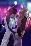  2girls absurdres animal_ears backlighting blake_belladonna blonde_hair cat_ears closed_eyes dancing highres jacket long_hair multiple_girls nika_(nikanono) purple_eyes rwby smile yang_xiao_long 