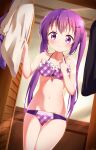  1girl absurdres blush bra changing_room closed_mouth embarrassed gochuumon_wa_usagi_desu_ka? highres legs_together navel painter-lhb panties purple_eyes purple_hair solo tedeza_rize twintails underwear 