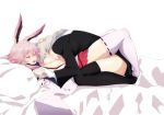  2girls animal_ears black_legwear blush braid breasts closed_eyes commentary_request fox_ears gloves hair_between_eyes highres holding_hands honkai_(series) honkai_impact_3rd interlocked_fingers kallen_kaslana long_hair long_sleeves lying multiple_girls nipples on_back open_mouth pink_hair red_skirt single_braid skirt task_baron thighhighs white_gloves white_legwear yae_sakura yuri 