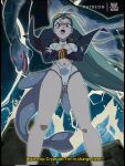  1girl antenna_hair ass_visible_through_thighs bluethebone breasts coat covered_nipples creature_and_personification crossed_arms english_commentary english_text eyewear_on_head feet_out_of_frame goggles goggles_on_head green_hair gunbuster_pose highres loch_ness_monster long_hair medium_breasts naelle_the_loch_ness_monster navel one-piece_swimsuit open_clothes open_coat original plunging_neckline red_eyes solo subtitled swimsuit very_long_hair vhs_artifacts water white_swimsuit 