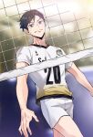  1boy black_hair blue_eyes blurry closed_mouth cowboy_shot from_below haikyuu!! indoors kageyama_tobio looking_at_viewer male_focus neamvi shirt short_hair shorts smile sportswear sweatdrop volleyball_net volleyball_uniform walking 