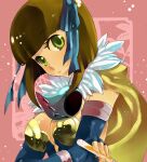  1girl alchemist_(ragnarok_online) bangs blue_dress blue_gloves blue_ribbon blunt_bangs blush bob_cut breasts brown_cape brown_hair cape cleavage closed_mouth commentary_request dress elbow_gloves eyebrows_visible_through_hair fingerless_gloves fur_collar gloves green_eyes hair_ribbon head_tilt looking_at_viewer medium_breasts otsuki_(tm3n) pink_background ragnarok_online ribbon short_hair smile solo strapless strapless_dress upper_body 