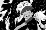  2boys amagaeru_(amapippi052525) cigarette closed_eyes dark-skinned_male dark_skin greyscale holding holding_cigarette hop_(pokemon) long_hair monochrome multiple_boys piers_(pokemon) pokemon pokemon_(game) pokemon_swsh ponytail short_hair smile smoke smoking 