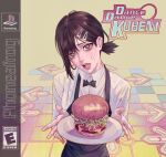  1girl artist_name black_eyes black_hair black_neckwear burger chainsaw_man collared_shirt crying crying_with_eyes_open dance_dance_revolution english_commentary english_text food game_console hair_between_eyes hair_ornament hairclip higashiyama_kobeni highres holding holding_plate long_sleeves looking_at_viewer medium_hair mole mole_under_eye mole_under_mouth open_mouth phoneafrog plate playstation shirt solo sweat symbol_commentary tears white_shirt 