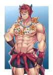  1boy abs absurdres animal_ears arm_hair aussummer bandaid bandaid_on_nose bara bare_pectorals black_male_swimwear blush bulge eyewear_on_head feet_out_of_frame flower flower_necklace highres jewelry large_pectorals league_of_legends lifeguard looking_at_viewer male_focus male_swimwear muscular muscular_male navel navel_hair necklace nipples pectorals red_hair sett_(league_of_legends) short_hair smile solo stomach swim_briefs wet whistle whistle_around_neck wolf_ears 