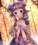  1girl :o animal_ears bangs black_hair blue_eyes blush bow commentary_request double_bun dress eyebrows_visible_through_hair hair_intakes hair_ornament hand_up heart heart_hair_ornament kouu_hiyoyo long_hair looking_at_viewer original parted_lips pink_bow purple_dress see-through see-through_sleeves solo stained_glass 