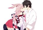  1boy 1girl animal_ears bangs bare_shoulders black_hair captain_(honkai_impact) closed_mouth fox_ears hair_between_eyes hetero highres honkai_(series) honkai_impact_3rd kiss kneehighs pink_hair polo_shirt shirt simple_background skirt sleeves_rolled_up task_baron white_background white_legwear white_shirt yae_sakura yae_sakura_(gyakushinn_miko) 