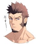  1boy blue_eyes brown_hair cropped_shoulders facial_hair fate/grand_order fate_(series) frown goatee highres long_sideburns male_focus mature_male monmonhomon napoleon_bonaparte_(fate) pout short_hair sideburns solo translation_request 