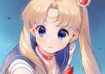  1girl bishoujo_senshi_sailor_moon blonde_hair blue_background blue_eyes blue_sailor_collar breasts choker cleavage derivative_work diadem from_side geshumaro heart heart_choker highres long_hair looking_at_viewer looking_to_the_side parted_lips red_choker sailor_collar sailor_moon sailor_moon_redraw_challenge screencap_redraw signature solo tsukino_usagi twintails 