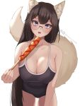  1girl :d animal_ear_fluff animal_ears black_hair breasts cleavage copyright_request corn_dog eating food fox_ears fox_girl fox_tail glasses highres holding holding_food instagram_logo instagram_username ketchup large_breasts leaning_forward long_hair looking_at_viewer mandytsune one-piece_swimsuit open_mouth purple_eyes sausage smile solo swimsuit tail tail_raised twitter_logo twitter_username 