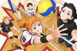  2boys 2girls age_difference ball bangs_pinned_back black_hair black_legwear black_shirt blue_eyes blue_pants brother_and_sister elbow_gloves fingernails gloves grin haikyuu!! hinata_natsu hinata_shouyou jumping kageyama_miwa kageyama_tobio knee_pads long_hair looking_up multiple_boys multiple_girls neamvi orange_hair pants shirt shoes short_hair siblings smile sneakers sportswear sweatdrop teeth volleyball volleyball_net volleyball_uniform 