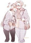  2girls ? absurdres bag blush chadolbaegi closed_eyes coffee_cup cup dating disposable_cup earmuffs english_commentary glasses handbag heart highres holding holding_cup kang_jaehee long_hair multiple_girls protagonist_(susanghan_messenger) scarf short_hair susanghan_messenger twitter_username yuri 