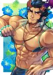  1boy abs absurdres bara beard bikini blue_bra bra bra_pull broken_horn bulge clothes_pull covered_nipples cowboy_shot crossdressing dark_blue_hair demon_boy demon_horns facial_hair fang fiery_horns highres horns huge_filesize jewelry kageru_(mofnyan) large_pectorals long_sideburns looking_at_viewer male_cleavage male_focus mature_male micro_bikini muscular muscular_male navel necklace pectorals pelvic_curtain pulled_by_self scar_on_neck short_hair sideburns smile solo stomach stubble swimsuit takemaru_(tokyo_houkago_summoners) thick_eyebrows tokyo_houkago_summoners underwear undressing 