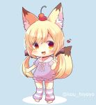  1girl :3 :d animal_ear_fluff animal_ears bangs barefoot black_bow blonde_hair blue_background blush bow chibi commentary_request copyright_request eyebrows_visible_through_hair fox_ears fox_girl fox_tail full_body hair_between_eyes hair_bow hand_up heart kouu_hiyoyo leg_warmers long_hair looking_at_viewer low_twintails open_mouth pink_shorts puffy_short_sleeves puffy_sleeves purple_shirt red_eyes sailor_collar shirt short_shorts short_sleeves shorts smile solo standing striped striped_legwear tail tail_raised twintails twitter_username very_long_hair w white_sailor_collar 