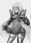  armor armored_dress breasts fate/grand_order fate_(series) greyscale highres lance lancelot_(fairy_knight)_(fate) leggings long_hair mask monochrome polearm sayo_(sayomayos) small_breasts weapon 