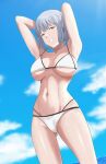  1girl armpits arms_behind_head bangs bikini blue_sky breasts collarbone cyka eyebrows_visible_through_hair feet_out_of_frame from_below girls&#039;_frontline large_breasts looking_at_viewer medium_hair navel open_mouth purple_eyes rpk-16_(girls&#039;_frontline) silver_hair sky smile solo standing stomach swimsuit white_bikini 