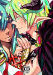  2boys bangs blue_hair circle_name closed_mouth commentary_request content_rating cover cover_page detached_sleeves doujin_cover ear_piercing earrings fur_collar green_hair hair_between_eyes hair_over_one_eye hand_on_another&#039;s_shoulder horns jewelry looking_at_viewer medium_hair multiple_boys necklace otsuki_(tm3n) piercing ragnarok_online red_eyes short_hair shura_(ragnarok_online) smile sorcerer_(ragnarok_online) white_sleeves yaoi 