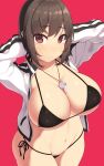  1girl arms_behind_head arms_up bangs bikini black_bikini breasts brown_hair cleavage closed_mouth collarbone commentary_request cowboy_shot eyebrows_visible_through_hair halter_top halterneck highres jacket large_breasts looking_at_viewer navel open_clothes open_jacket original red_background red_eyes samegami short_hair side-tie_bikini simple_background solo standing striped striped_jacket sukajan swimsuit thighs whistle whistle_around_neck white_jacket 