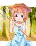  1girl absurdres alternate_hairstyle bare_shoulders blue_dress butterfly_net dress gochuumon_wa_usagi_desu_ka? hand_net hat highres hoto_cocoa orange_hair outdoors painter-lhb purple_eyes short_hair smile solo summer twintails 