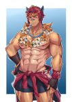  1boy abs absurdres alternate_skin_color animal_ears arm_hair aussummer bandaid bandaid_on_nose bara bare_pectorals black_male_swimwear blush bulge eyewear_on_head feet_out_of_frame flower flower_necklace highres jewelry large_pectorals league_of_legends lifeguard looking_at_viewer male_focus male_swimwear muscular muscular_male navel navel_hair necklace nipples pectorals red_hair sett_(league_of_legends) short_hair smile solo stomach swim_briefs tan wet whistle whistle_around_neck wolf_ears 