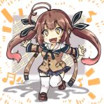  1girl antenna_hair blush blush_stickers brown_footwear brown_hair chibi girls&#039;_frontline loafers long_hair m14_(girls&#039;_frontline) multicolored_hair musical_note outstretched_arms rata_(rata19841009) shadow shoes smile solo standing standing_on_one_leg streaked_hair thighhighs thighs twintails white_legwear yellow_eyes 