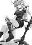  1girl absurdres arknights boots collar collarbone demon_horns fingerless_gloves foot_out_of_frame gloves greyscale hair_intakes hand_up highres horns long_hair looking_at_viewer midriff_peek molyb monochrome shirt sitting sketch solo studded_collar surtr_(arknights) surtr_(liberte_echec)_(arknights) sword thigh_strap weapon 