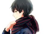  1boy bad_id bad_pixiv_id black_hair closed_mouth kyoukai_no_kanata looking_to_the_side male_focus nase_hiroomi nine_(pixiv2571715) profile red_scarf scarf short_hair simple_background smile solo white_background yellow_eyes 