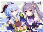  2girls ahoge bangs bare_shoulders bell blue_hair bodysuit braid breasts cowbell detached_sleeves double_bun dress food frills ganyu_(genshin_impact) genshin_impact gloves goat_horns hair_cones hair_ornament highres horns keqing_(genshin_impact) long_hair long_sleeves looking_at_viewer medium_breasts multiple_girls official_art purple_dress purple_eyes purple_hair small_breasts twintails zongzi 