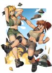  2girls alien arms_behind_head arms_up artist_name baseball_cap blonde_hair breasts brown_eyes brown_footwear brown_hair brown_headwear brown_shorts bullet cleavage crop_top dated fio_germi flying_saucer glasses green_bandana hat highres kasamoto_eri knee_pads large_breasts looking_at_viewer mars_people metal_slug multiple_girls navel open_clothes open_mouth open_vest round_eyewear shoes short_shorts shorts signature smile snowcie space_craft tank_top ufo vest white_tank_top 