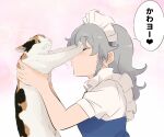  1girl animal bangs braid calico cat closed_eyes commentary_request eyebrows_visible_through_hair from_side goutokuji_mike goutokuji_mike_(cat) holding holding_animal holding_cat izayoi_sakuya long_hair maid maid_headdress pink_background profile puffy_short_sleeves puffy_sleeves pushing_away shirt short_sleeves shundou_heishirou silver_hair solo touhou translated upper_body white_shirt 