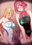  2girls amano_don bangs bare_shoulders black_swimsuit blonde_hair blush breasts cleavage covered_navel highleg highleg_swimsuit highres large_breasts long_hair looking_at_viewer multiple_girls mythra_(radiant_beach)_(xenoblade) mythra_(xenoblade) one-piece_swimsuit pyra_(pro_swimmer)_(xenoblade) pyra_(xenoblade) red_eyes red_hair short_hair smile swimsuit thighs white_swimsuit xenoblade_chronicles_(series) xenoblade_chronicles_2 yellow_eyes you_gonna_get_raped 