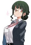  1girl anosillus_ii bangs belt black_belt breasts collared_shirt earrings eyebrows_visible_through_hair gazacy_(dai) glasses green_hair grey_jacket gridman_universe hair_behind_ear hair_bun heart heart_earrings highres id_card jacket jewelry looking_at_viewer medium_breasts shirt smile solo ssss.dynazenon suit_jacket treble_clef upper_body white_shirt 