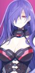  1girl absurdres blue_hair breasts buran_buta chromatic_aberration cleavage closed_mouth earrings hair_over_one_eye highres iris_heart jewelry kami_jigen_game_neptune_v long_hair looking_at_viewer medium_breasts neptune_(series) pink_background red_eyes simple_background smile solo upper_body 