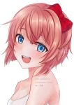  1girl :d absurdres artist_name bangs blouse blue_eyes bow doki_doki_literature_club hair_bow head_tilt highres looking_at_viewer mi_tarou0412 open_mouth pink_hair red_bow sayori_(doki_doki_literature_club) short_hair simple_background smile solo white_blouse 