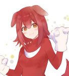  1girl :3 animal_ears bangs blush brown_hair clenched_hands cosplay dog_ears dog_girl eyebrows_visible_through_hair fukahire_(ruinon) gloves highres hololive inugami_korone knuckles_the_echidna knuckles_the_echidna_(cosplay) red_hair smile solo sonic_(series) spikes v-shaped_eyebrows virtual_youtuber white_background white_gloves 