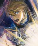  1boy armor arthur_pendragon_(fate) blonde_hair cape fate/prototype fate_(series) glowing green_eyes highres male_focus mosako open_mouth solo traditional_media upper_body watercolor_(medium) 