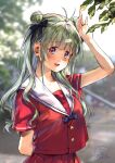  1girl :d absurdres arm_above_head arm_behind_back blurry blurry_background blush dated depth_of_field double_bun geshumaro green_hair hair_ribbon hand_up highres looking_at_viewer open_mouth original pink_eyes pleated_skirt purple_ribbon red_serafuku red_shirt red_skirt ribbon sailor_collar school_uniform serafuku shirt shirt_overhang short_sleeves signature skirt smile solo white_sailor_collar 