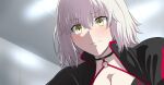  1girl blush embarrassed eyebrows_visible_through_hair fate/grand_order fate_(series) hair_between_eyes halterneck highres indoors jacket jeanne_d&#039;arc_(alter_swimsuit_berserker)_(fate) jeanne_d&#039;arc_(fate)_(all) kawakun long_hair pale_skin solo white_hair yellow_eyes 