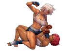  2girls abs absurdres angry blazblue blazblue:_chronophantasma blocking breasts bullet_(blazblue) cirenk company_connection dark-skinned_female dark_skin fighting giovanna_(guilty_gear) guilty_gear guilty_gear_strive hand_on_another&#039;s_chest highres medium_breasts mma_gloves multiple_girls pinned punching red_hair shiny shiny_skin short_hair shorts simple_background sitting sitting_on_person socks sports_bra sportswear thighs toned white_hair 
