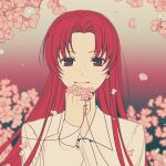  cardcaptor_sakura earrings eyebrows_visible_through_hair flower holding holding_flower jewelry ktsis long_hair looking_at_viewer mizuki_kaho petals red_eyes red_hair shirt solo string string_of_fate teeth upper_body white_shirt 