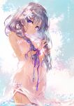 1girl bare_shoulders braid character_request commentary_request copyright_request cowboy_shot dress flower hair_flower hair_ornament hair_undone long_hair looking_at_viewer mimizuku_auru parted_lips purple_eyes purple_hair ribbon see-through see-through_silhouette sidelocks solo standing wading water water_drop wet wet_clothes wet_dress wrist_ribbon 
