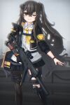  1girl ;) absurdres armband bangs black_hair black_jacket black_legwear black_skirt closed_mouth collared_shirt commentary dress_shirt eyebrows_visible_through_hair girls&#039;_frontline gun h&amp;k_ump45 hair_between_eyes highres holding holding_gun holding_weapon jacket long_hair long_sleeves looking_at_viewer mod3_(girls&#039;_frontline) one_eye_closed one_side_up open_clothes open_jacket pleated_skirt scar scar_across_eye shirt single_leg_pantyhose skirt smile solo standing stratosphere_(coom1017) ump45_(girls&#039;_frontline) very_long_hair weapon white_shirt yellow_neckwear 