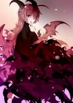  1girl absurdres ahoge bat_wings black_dress demon_horns demon_wings dress funamusea hair_over_one_eye highres horns juliet_sleeves lil_(funamusea) long_hair long_sleeves looking_at_viewer pink_hair puffy_sleeves red_eyes solo very_long_hair wings yxf68586108 